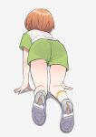  1girl all_fours ass dddd_akagi from_behind full_body green_shorts gym_uniform highres idolmaster idolmaster_cinderella_girls orange_hair raglan_sleeves ryuzaki_kaoru see-through shiny_skin shoe_soles short_hair shorts socks solo thighs white_background white_socks 