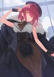  1girl bare_shoulders belt black_coat black_gloves black_headwear breasts coat fingerless_gloves fur-trimmed_coat fur_trim gloves hat heterochromia high-waist_skirt highres hololive houshou_marine houshou_marine_(6th_costume) koyo2023 large_breasts looking_at_viewer medium_hair official_alternate_costume pantyhose red_eyes red_hair shirt skirt sleeveless sleeveless_shirt solo virtual_youtuber white_shirt yellow_eyes 