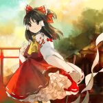 1girl ascot black_eyes black_hair bow closed_mouth commentary_request day dress flat_chest frilled_ribbon frills gohei hair_ribbon hair_tubes hakurei_reimu hand_up holding holding_gohei kaigen_1025 long_hair outdoors petticoat red_bow red_dress red_ribbon red_vest ribbon ribbon-trimmed_collar ribbon-trimmed_sleeves ribbon_trim shirt sleeve_bow sleeveless sleeveless_shirt smile solo torii touhou vest white_bow white_shirt yellow_ascot 