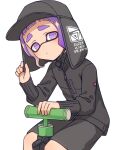  1girl bamboozler_14_(splatoon) black_headwear black_jacket black_shorts closed_mouth commentary_request hat inkling inkling_girl inuowour invisible_chair jacket purple_eyes purple_hair short_hair shorts simple_background sitting solo splatoon_(series) splatoon_3 tentacle_hair thick_eyebrows weapon white_background zipper zipper_pull_tab 