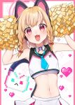  1girl animal_ear_headphones animal_ears blonde_hair blue_archive blue_necktie blush bow cat_tail cheering cheerleader fake_animal_ears hair_bow halo headphones highres holding holding_pom_poms looking_at_viewer momoi_(blue_archive) navel necktie negi-mamire open_mouth pink_halo pom_pom_(cheerleading) red_bow red_eyes short_hair skirt smile solo tail white_skirt 
