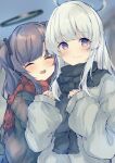  2girls black_jacket black_scarf blue_archive blush closed_eyes closed_mouth grey_hair grey_jacket halo jacket karappo_(poket12) long_hair long_sleeves mechanical_halo multiple_girls noa_(blue_archive) open_mouth purple_eyes purple_hair red_scarf scarf smile yuuka_(blue_archive) 