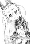  :d animal_ears elise_von_dietrich fake_animal_ears forehead from_side gofu greyscale hair_between_eyes hairband long_hair looking_at_viewer monochrome motion_slit open_mouth pilot_suit sketch sky_girls smile solo traditional_media very_long_hair 