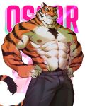  1boy animal_ears bara bulge chest_tuft feet_out_of_frame fortnite furry furry_male hands_on_own_hips highres large_hands large_pectorals male_focus mature_male muscular muscular_male navel navel_hair nipples o_reowoof orange_fur oscar_(fortnite) pectorals short_hair smile solo standing stomach strongman_waist thick_eyebrows tiger_boy tiger_ears topless_male white_fur 