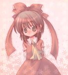  2005 arms_behind_back ascot brown_eyes brown_hair flower hair_ribbon hair_tubes hakurei_reimu kokono_coco lowres pink red_ribbon ribbon short_hair skirt skirt_set solo touhou 