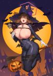  9eep absurdres areola_slip bat_(animal) bat_wings belt black_dress blush breasts broom broom_riding brown_hair cape cleavage collar cross dress flower full_body full_moon green_eyes halloween halloween_costume halo hat highres jack-o&#039;-lantern karuizawa_mayumi large_areolae large_breasts leather_strap light light_areolae looking_at_viewer moon navel night night_sky nipples open_mouth original parody purple_flower skull sky star_(sky) starry_sky tight_clothes tight_dress tongue tongue_out wings witch_hat yellow_moon 