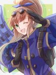  1girl :d brown_hair eyewear_on_head gloves green_eyes highres long_hair looking_at_viewer mechanical_arms one_eye_closed open_mouth ponytail precis_neumann single_mechanical_arm smile solo star_ocean star_ocean_the_second_story yutohiroya 