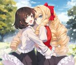  2girls big_hair black_skirt blonde_hair blue_eyes blue_sky brown_hair bush claire_francois closed_mouth cloud cloudy_sky commentary day dot_nose drill_hair english_commentary falling_petals flower frilled_jacket frilled_skirt frills jacket long_hair long_sleeves looking_at_viewer multiple_girls nyoro_(nyoronyoro000) open_mouth outdoors petals pleated_skirt rae_taylor red_eyes red_vest shirt short_hair short_sleeves skirt sky smile tree very_long_hair vest watashi_no_oshi_wa_akuyaku_reijou white_flower white_jacket white_shirt 
