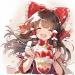  1girl asakura_maru bow brown_hair detached_sleeves food fruit hair_bow hakurei_reimu happy ice_cream large_bow multiple_hair_bows nontraditional_miko red_bow solo spoon strawberry sundae touhou whipped_cream white_background white_sleeves 