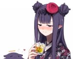  1girl alcohol blue_eyes blunt_bangs commentary cup diamond_hairband double_bun drinking_glass drunk hair_bun halo heart hololive hololive_english ice ice_cube japanese_clothes kimono long_hair mole mole_under_eye ninomae_ina&#039;nis ninomae_ina&#039;nis_(new_year) octopus pointy_ears print_kimono purple_hair shot_glass sidelocks simple_background smile straight_hair symbol-only_commentary takodachi_(ninomae_ina&#039;nis) very_long_hair virtual_youtuber white_background yuuyu_(777) 