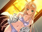  blonde_hair bra breasts dutch_angle game_cg green_eyes hairband kasugazaki_yukino koisuru_otome_to_shugo_no_tate lingerie long_hair medium_breasts open_clothes open_shirt panties senomoto_hisashi shirt solo underwear very_long_hair window 