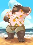 absurd_res aloha_shirt anthro banhmithanki beach bear ben_(zenless_zone_zero) bottomwear brown_body bulge claws clothing cloud demi-human_(zenless_zone_zero) detailed_background eye_scar eyewear facial_scar hand_on_stomach hi_res looking_at_viewer male mammal mihoyo musclegut one_eye_closed pattern_clothing pattern_shirt pattern_topwear sand scar seaside shirt shorts slightly_chubby smile smiling_at_viewer solo sunglasses toe_claws topwear water wink winking_at_viewer zenless_zone_zero