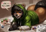 &lt;3 anthro beaver beaver_tail big_butt black_hair bleats blue_eyes board_game bottomless brown_body brown_fur buckteeth butt clothed clothing dialogue dice english_text eyewear freckles fur girly glasses hair hi_res hood hoodie inviting looking_at_viewer lying male mammal on_front rodent round_glasses solo speech_bubble teeth text topwear whiskers yes-no_question