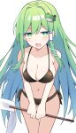  1girl bare_arms bare_legs bare_shoulders bikini black_bikini blush breasts cleavage collarbone commentary cowboy_shot e.o. frog_hair_ornament gohei green_eyes green_hair hair_between_eyes hair_ornament hair_tubes highres holding holding_gohei kochiya_sanae large_breasts long_hair looking_at_viewer navel open_mouth simple_background snake_hair_ornament solo swimsuit touhou white_background 