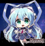  1girl :d akaneya blue_dress blue_hair blue_ribbon blush_stickers chibi commentary_request commission dress green_eyes hair_between_eyes hair_ribbon hoshino_yumemi long_hair looking_at_viewer low_twintails night open_mouth outdoors outstretched_arms planetarian ribbon robot_ears skeb_commission smile solo standing tareme twintails twitter_username 