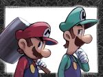  2boys blue_overalls border brothers brown_hair facial_hair from_side gloves green_headwear green_shirt hammer hat highres holding holding_hammer luigi mari_luijiroh mario mario_&amp;_luigi_rpg mario_(series) masanori_sato_(style) multiple_boys mustache overalls red_headwear red_shirt shirt short_hair siblings simple_background upper_body white_background white_gloves 