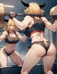  1girl abs ai-generated animal_ears arknights ass ass_visible_through_thighs blonde_hair breasts brown_horns cleavage degenbrecher_(arknights) exercise gloves goat_ears goat_girl goat_horns goat_tail hair_between_eyes highres horns kneepits large_breasts looking_at_mirror midriff mirror muscular muscular_female short_hair solo sweatdrop thick_thighs thighs twilled_wave weightlifting yellow_eyes 