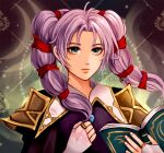  1girl armor artist_name book boots clenched_hand closed_mouth commission english_commentary expressionless fire_emblem fire_emblem:_genealogy_of_the_holy_war green_eyes highres holding holding_book long_hair looking_at_viewer open_book purple_hair schereas shoulder_armor solo tine_(fire_emblem) twintails upper_body 