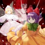  3girls blonde_hair dress flat_chest green_ribbon hair_ribbon hat kaigen_1025 lily_white long_sleeves medium_hair multiple_girls neck_ribbon pink_dress purple_hair red_ribbon rengeteki_(touhou) ribbon short_twintails sketch smile touhou touhou_(pc-98) twintails white_dress white_headwear wings yellow_dress yellow_eyes 