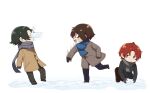  3boys :o absurdres brown_hair brown_jacket bungou_stray_dogs dazai_osamu_(bungou_stray_dogs) glasses highres jacket long_sleeves multiple_boys open_mouth red_hair seirense34 short_hair snow throwing winter_clothes 