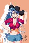  1girl blue_hair breasts cowboy_hat denim denim_shorts drewprints eiyuu_densetsu english_commentary hand_on_own_hip hat highres large_breasts looking_at_viewer navel orange_background ponytail sen_no_kiseki sen_no_kiseki_iv shadow shirt shorts simple_background solo tied_shirt twitter_username yellow_eyes 