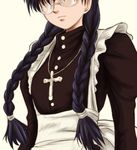  apron black_hair black_lagoon braid cross glasses head_out_of_frame hidden_eyes latin_cross long_hair maid opaque_glasses roberta_(black_lagoon) ryp simple_background solo twin_braids upper_body white_background 