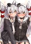  2girls amatsukaze_(kancolle) amatsukaze_kai_ni_(kancolle) black_dress blush buttons closed_mouth collarbone cowboy_shot dress dual_persona grey_hair hair_between_eyes hair_tubes highres kantai_collection long_hair long_sleeves looking_at_viewer multiple_girls parted_lips sailor_collar sailor_dress sidelocks smile takanashi_kei_(hitsujikan) two_side_up white_sailor_collar yellow_eyes 