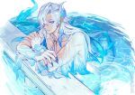  1boy blue_hair closed_mouth genshin_impact grey_eyes grey_hair hair_between_eyes hair_over_one_eye long_hair long_sleeves meiji_(meiji770) multicolored_hair neuvillette_(genshin_impact) solo streaked_hair water white_hair 