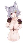  1girl animal_ear_fluff animal_ears bare_shoulders bikini blush breasts brown_gloves cat_ears cleavage collarbone extra_ears front-tie_bikini_top front-tie_top gloves hair_intakes hair_ornament hairclip highres kantai_collection large_breasts looking_at_viewer navel open_mouth paw_pose red_eyes ryo_(tg290) short_hair simple_background solo swimsuit tama_(kancolle) tama_kai_ni_(kancolle) white_background 