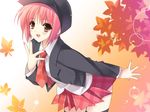  akino_momiji happy hat highres leaf necktie pink_hair plaid plaid_neckwear plaid_skirt red_hair sakura_musubi school_uniform short_hair skirt smile solo suzuhira_hiro thighhighs wallpaper 