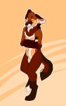 2021 akamai_(maligaytor) anthro black_claws black_nose brown_body brown_fur canid canine canis cheek_tuft claws crossed_arms digital_drawing_(artwork) digital_media_(artwork) digitigrade ears_back ears_down eyes_closed facial_tuft featureless_crotch flat_colors full-length_portrait fur grey_claws handpaw hi_res hindpaw hybrid jackal male maligaytor mammal maned_wolf nude on_one_leg orange_background outline paws pivoted_ears portrait simple_background smile snout solo standing tail tan_body tan_fur teeth tuft white_outline