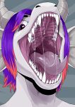 absurd_res ambiguous_gender anthro bodily_fluids dragon ear_frill fangs forked_tongue frill_(anatomy) glistening glistening_eyes grey_frill hair hi_res horn imperatorcaesar looking_at_viewer mouth_shot multicolored_hair open_mouth purple_eyes purple_hair purple_tongue red_hair saliva saliva_on_tongue saliva_string simple_background solo teeth tongue two_tone_hair white_body white_horn