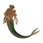 ambiguous_gender curled_hair ear_fins fin green_body green_scales hair hi_res humanoid iliothermia legless long_hair marine membrane_(anatomy) merfolk orange_hair rear_view scales simple_background solo split_form tail tail_fin webbed_hands white_background