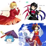  !? 4girls aki_shizuha arm_up black_dress black_hair blonde_hair blue_hair blue_sky brown_hair cloud collared_shirt day detached_sleeves dress flat_chest frilled_hair_tubes frilled_ribbon frilled_skirt frills hair_ribbon hair_tubes hakurei_reimu holding holding_leaf juliet_sleeves kaigen_1025 leaf long_sleeves medium_hair mismatched_wings multiple_girls nontraditional_miko nue open_mouth puffy_sleeves red_dress red_eyes red_ribbon red_skirt red_vest ribbon ribbon-trimmed_skirt ribbon-trimmed_sleeves ribbon_trim shirt short_hair short_sleeves skirt sky tatara_kogasa touhou ufo vest white_shirt white_sleeves wide_sleeves yellow_eyes 