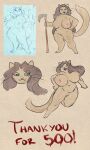 absurd_res amadboii anthro axe belly bethesda_softworks big_breasts blue_eyes bouncing_breasts breasts brown_hair felid female genitals glacierclear hair hi_res huge_breasts jumping khajiit kiithi_(glacierclear) long_hair mammal milestone milestone_celebration mischievous navel overweight overweight_female pussy sketch smile solo stocky tail the_elder_scrolls weapon whiskers