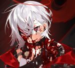  1boy blood blood_on_clothes blood_on_face cracked_skin crossed_bangs guro hair_between_eyes halo ierotak looking_at_viewer male_focus open_clothes original red_background red_eyes short_hair simple_background solo upper_body white_hair 