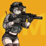  1girl absurdres ammunition_pouch belt black_shorts black_thighhighs blue_eyes brown_hair closed_mouth combat_helmet commission ear_protection english_commentary epakim flashlight foregrip gloves green_gloves grey_jacket gun hair_between_eyes helmet highres holding holding_weapon jacket looking_ahead microphone navel optical_sight original plate_carrier pouch rifle shorts sig_mcx sleeves_rolled_up solo suppressor termichan_(not-a-bot) thighhighs transparent trigger_discipline twitter_username upper_body visor_(armor) weapon yellow_background 
