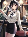  1girl :o absurdres alcohol arknights bar_(place) black_eyes black_hair black_ribbon black_skirt bottle ceiling_light cocktail_shaker collared_shirt cowboy_shot cup hair_ornament hairclip hand_up highres holding holding_cup indoors jigger la_pluma_(arknights) long_sleeves looking_at_viewer neck_ribbon ohagi_umeume picture_frame plant potted_plant ribbon shirt shirt_tucked_in skirt solo stool thighs tight_clothes weapon white_shirt 