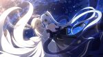  2girls absurdres blonde_hair blue_eyes blunt_bangs blunt_tresses blush closed_mouth commentary_request elbow_gloves genshin_impact gloves hair_ornament halo highres kamisato_ayaka long_hair lumine_(genshin_impact) multiple_girls mxirony short_hair short_hair_with_long_locks white_gloves white_hair yellow_eyes yuri 