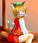 animal_ears brown_hair cat_ears cat_tail chen des earrings fish hat jewelry mouth_hold multiple_tails short_hair solo tail touhou 