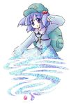  backpack bag blue_dress blue_eyes blue_hair collar dress flat_cap frills full_body green_hat hair_bobbles hair_ornament hat kawashiro_nitori key long_sleeves looking_at_viewer magic ngayope simple_background solo touhou two_side_up vortex water white_background 