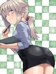  1girl antenna_hair ass black_skirt blush breasts brown_hair checkered_background clipboard collared_shirt commentary_request grey_shirt hair_between_eyes highres holding holding_pencil koshirae_tsurugi leaning_forward long_hair long_sleeves looking_at_viewer looking_to_the_side low_ponytail m.m original pencil pencil_skirt ponytail profile shirt sidelocks skirt small_breasts smile solo striped striped_shirt vertical-striped_shirt vertical_stripes 