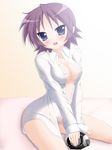  alarm_clock blue_eyes blush breasts cleavage clock hiiragi_inori lucky_star medium_breasts no_bra no_panties open_clothes open_shirt purple_hair rodori_gesu shirt short_hair solo 