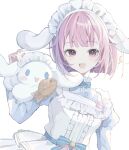  1girl :d animal_ears apron artist_name blue_bow blue_bowtie blue_dress blue_sash blunt_bangs blush bow bowtie buttons center_frills cinnamoroll commentary_request dog_ears dress food frilled_apron frills hand_up highres holding holding_food juliet_sleeves long_sleeves looking_at_viewer maid maid_headdress niaa ootori_emu open_mouth pink_eyes pink_hair project_sekai puffy_sleeves sanrio sash short_hair sidelocks simple_background smile taiyaki upper_body wagashi white_apron white_background 