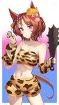  1girl animal_ears animal_print bare_shoulders border breasts brown_hair commentary_request cowboy_shot crop_top detached_sleeves ear_ornament flower-shaped_pupils gradient_background highres holding_club horse_ears horse_girl horse_tail leopard_print looking_at_viewer mask medium_breasts oni_mask orange_shorts pink_eyes sakura_laurel_(umamusume) short_hair shorts solo solokitsune symbol-shaped_pupils tail umamusume umamusume:_star_blossom white_border 