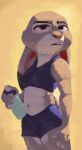 4_fingers anthro athletic athletic_female bodily_fluids bottle bottomwear bra buckteeth clothing container digit_ring digital_media_(artwork) digital_painting_(artwork) dipstick_ears disney female fingers gradient_background gym_bottomwear gym_clothing gym_shorts hi_res holding_object jewelry judy_hopps lagomorph leporid mammal midriff multicolored_body multicolored_ears open_mouth pivoted_ears purple_eyes rabbit ring shorts simple_background solo sports_bra sweat tangerine_(artist) teeth two_tone_body underwear water_bottle wedding_ring zootopia