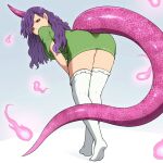  1girl ass breasts fire frilled_thighhighs frills from_behind green_shirt hitodama horns large_breasts long_hair looking_at_viewer looking_back monster_girl no_shoes pink_fire pink_tail pointy_ears purple_hair red_eyes shirosato shirt short_sleeves single_horn solo tail tenkajin_chiyari thick_thighs thighhighs thighs touhou white_thighhighs 