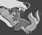 ambiguous_gender anthro bodily_fluids breezypaw duo feral hi_res long_tongue mammal monochrome mustelid open_mouth otter pawpads paws saliva soft_vore tail tail_motion tailwag teeth tongue tongue_out vore