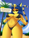 2023 animal_crossing ankha_(animal_crossing) anthro beach big_breasts bikini black_bikini black_clothing black_swimwear blue_hair bottomwear bottomwear_pull breasts camel_toe clothing clothing_pull cloud curvy_figure dialogue domestic_cat felid feline felis female foxsuo fur hair hi_res huge_breasts mammal navel nintendo nipple_outline palm_tree plant seaside sky solo swimwear talking_to_viewer tree uraeus wide_hips yellow_body yellow_fur