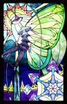  1girl alternate_color animal_feet animal_hands antennae arthropod_girl black_border black_skin border butterfly_wings closed_mouth colored_skin commentary_request dot_mouth expressionless free_butterfree furry furry_female green_wings highres insect_wings joints leg_up legs long_hair looking_at_viewer multicolored_skin outside_border partial_commentary pheromosa pokemon pokemon_(creature) purple_pupils red_eyes shiny_pokemon snowflakes solo stained_glass sun two-tone_skin very_long_hair white_hair white_skin wings 